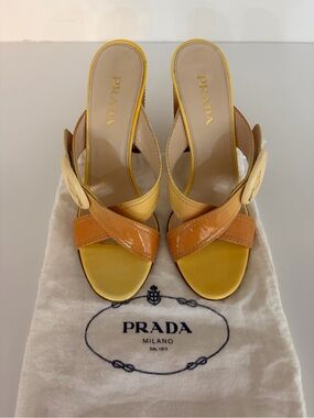 Prada color block, patent leather crisscross slide mule/ wedge